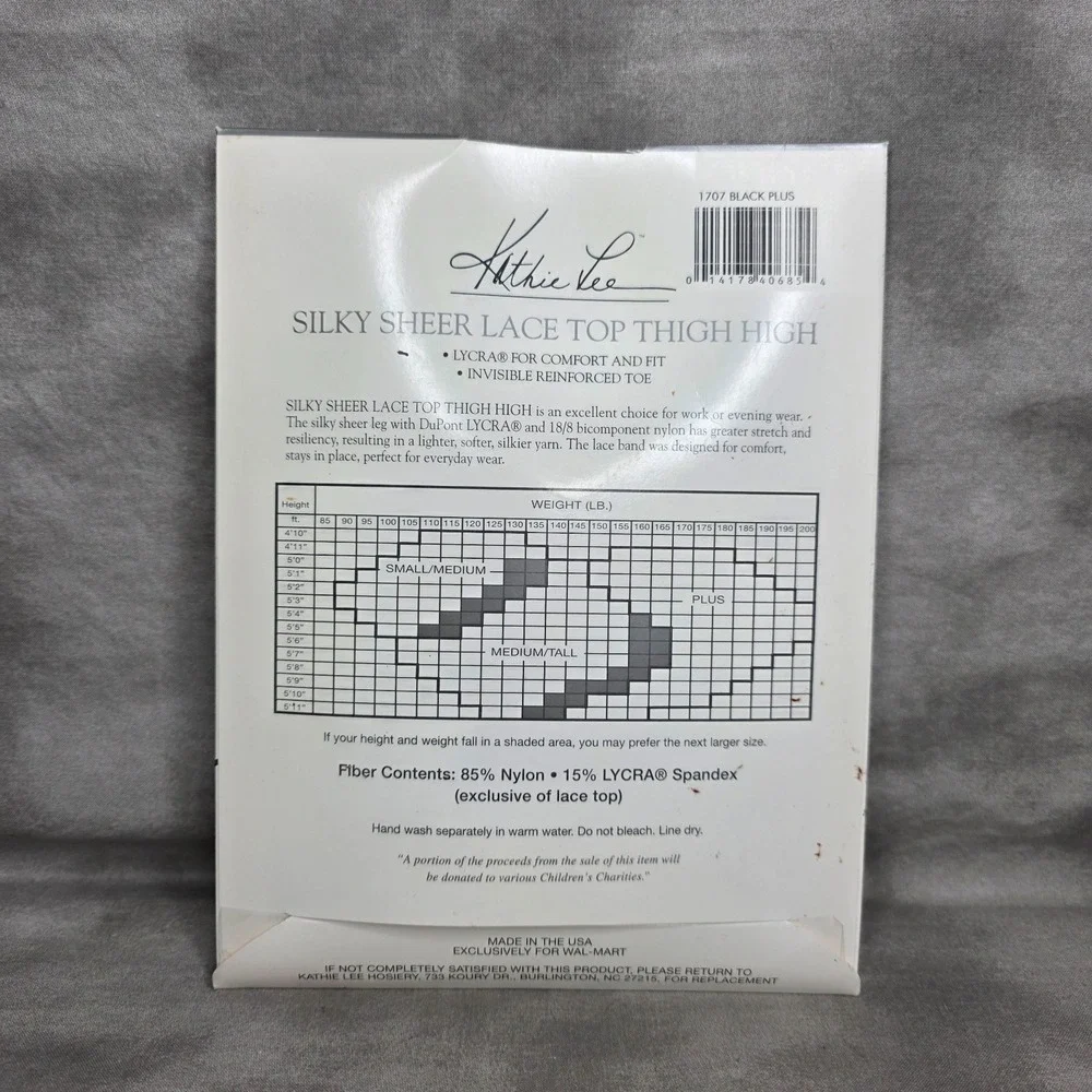 Kathie Lee Silky Sheer Thigh High Legwear Lace Top Lycra Black Size Plus‎